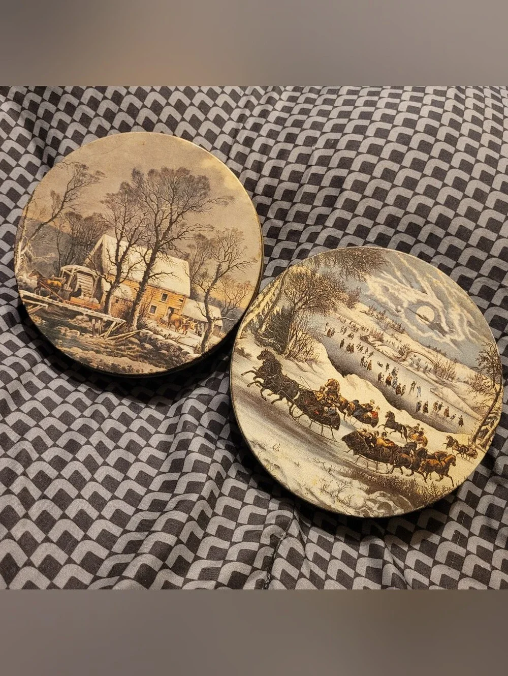 Vintage Currier & Ives Metal Tins Set of 2 Central Park & Winter in the Country